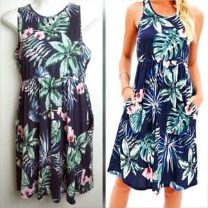 Dress Pull On Sundress Race back Size 2XL Navy Tropical Monstera Leaf Print